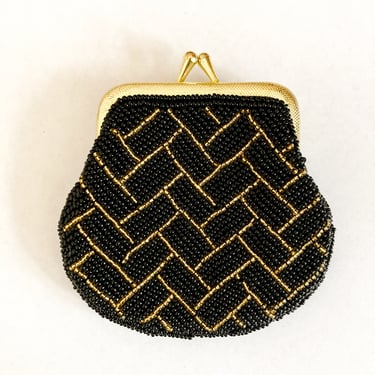 80s Black and Gold Small Beaded Coin Purse 