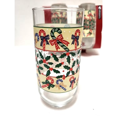 Vintage Candy Canes & Holly Glass Metro Coolers, Set of 4 Luminarc Christmas Glasses, Retro Holiday Kitchen Tablesetting Tumblers, NEW NIB 