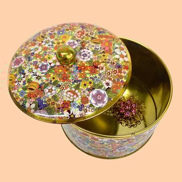 Vintage Daher Storage Tin Retro 1960s Mid Century Modern + Floral + Metal + Round + Biscuit or Tea + Made in England + Kitchen Organization 