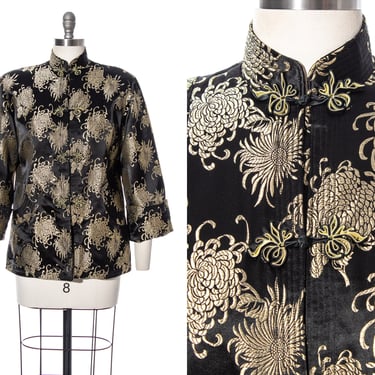 Vintage 1960s Jacket | 60s Asian Floral Satin Jacquard Black Gold Frog Closures Mandarin Collar Chrysanthemums Evening Opera Coat (medium) 