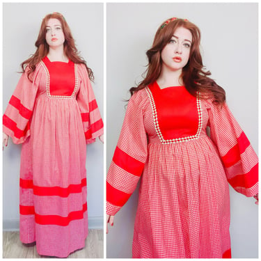1970s Vintage Red Cotton Gingham Flared Sleeve Dress / 70s / Seventies Ribbon Bib Angel Sleeve Maxi / Medium - Large 