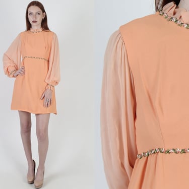 Vintage Apricot Chiffon Mini Dress / Large See Through Poet Sleeve Dress / Vintage 60s Bridal Party Dress 