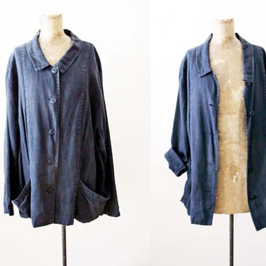Vintage FLAX Faded Black Linen Jacket 2 XL - 90s Slouchy Oversized Simple Minimal Natural Fiber Button Up Collared Jacket 