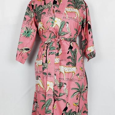 Pure Cotton Indian Block Printed House Robe Summer Kimono | Pink Safari Animal Floral Beach Coverup/Comfy Maternity Mom