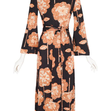 Lily Simon 1970s Vintage Abstract Floral Print Jersey Belted Maxi Dress Sz S M 