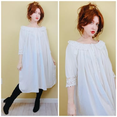 1980s Vintage Allison Rhea White Lace Trim Babydoll Gown / 80s Cotton Romantic Coquette Dress / Size Medium - XL 