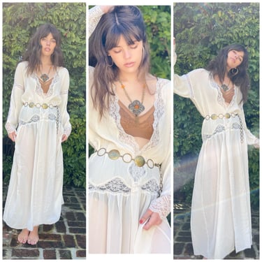 70s Boho Goddess Kimono Maxi Dress white Lace Pleats S M 