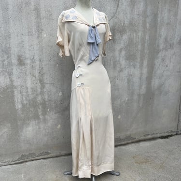Antique 1920s Cream & Baby Blue Silk Dress Mother Of Pearl Buttons Bow  Vintage
