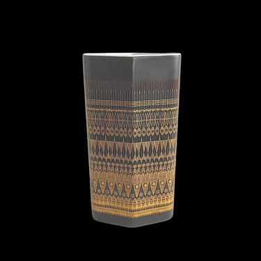 Vintage 1960s Mid Century Modern Rosenthal Studio Linie Intricate Geometric Design Black & Gold Vase by Hans Theo Baumann 11.75" Tall 