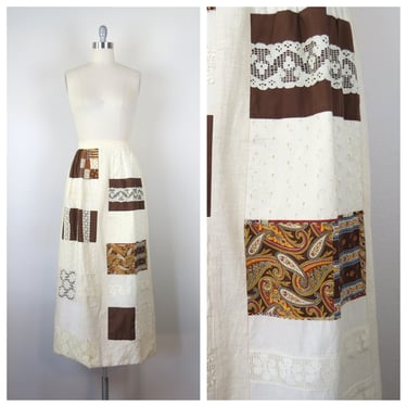 Vintage 1970s patchwork  maxi skirt cotton boho quilt hippie calico lace 
