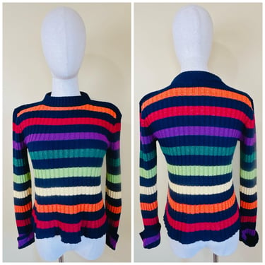 Y2K Vintage Acrylic Rainbow Knit Sweater / Flittler Orange Purple Striped Jumper / XS -Small 