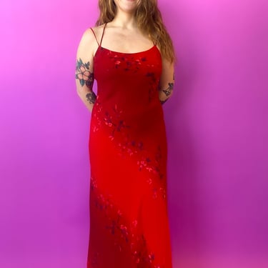 1990s Red Floral Maxi Dress, sz. M