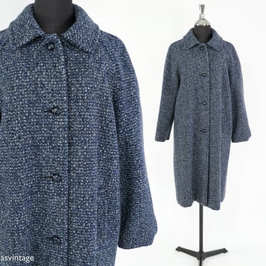 1950s Blue Tweed Wool Coat | 50s Blue & Gray Wool Tweed Coat | Large 