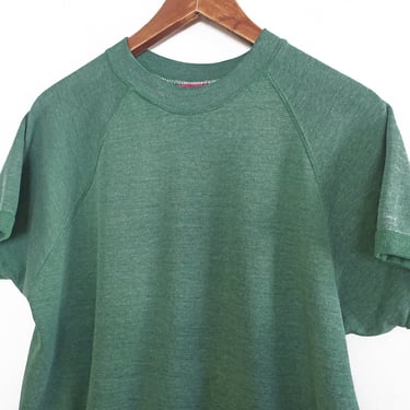 vintage green sweatshirt / 70s sweatshirt / 1970s Sears green short sleeve raglan ringer sweatshirt Large 