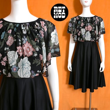 Sweet Vintage 70s Dusty Floral Black Mid-Length Dress 