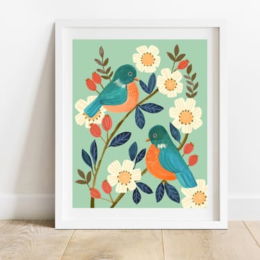 Bluebirds Flowers and Leaves 8 X 10 Art Print/ Animal Illustration/ Small Birds And Botanicals Wall Decor/ Woodland Art 