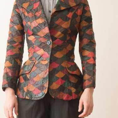 1970s Patchwork Leather Wide Collar Jacket 