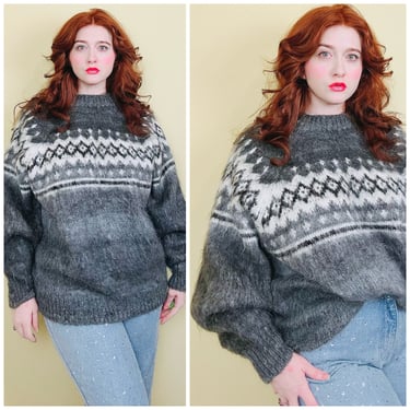 Vintage Grey Fair Isle Sweater / Cream Cozy Oversized Mohair / Wool Winter Jumper / Large - XXL 