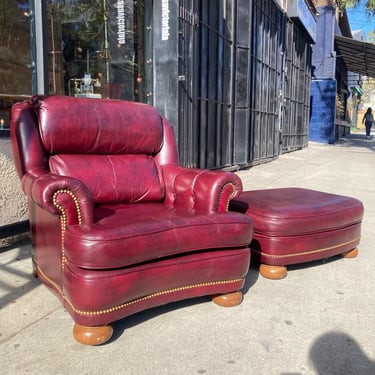 Mergers and Acquisitions | Classic Leather Club Chair and Ottoman by Shaefer Brothers
