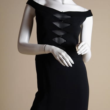 F/W 1997 Herve Leger wool and silk runway dress - black designer archive bandage dress with bustle silk skirt, sheer detail and glass button 