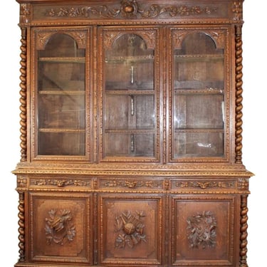 Antique Bookcase, French, Louis XIII, 3 Door, Oak, Barley Twist, Columns, 1800s!