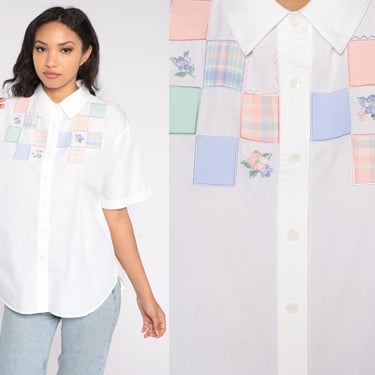 90s Button Up Shirt White Patchwork Blouse Floral Embroidered Pastel Summer Top Short Sleeve Collared Shirt Grunge Boho 1990s Vintage Large 
