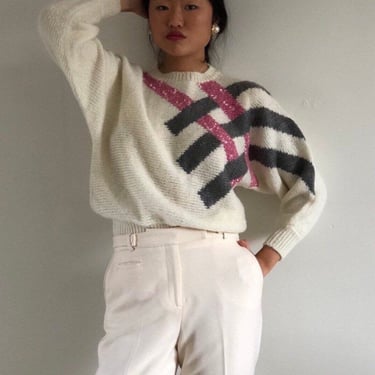 90s batwing sweater / vintage creamy white graphic striped cropped batwing lightweight acrylic sweater | M L 