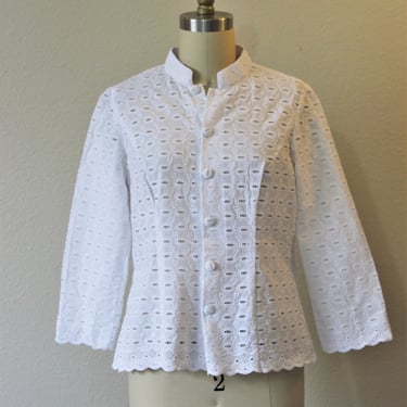 Vintage 50s 1960s NOS White cotton Eyelet Button Down Blouse Rockabilly crop Tunic Shirt | Modern 6 8 s med 