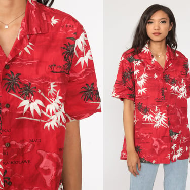 Hawaiian Islands Shirt Tropical Shirt Surfer 80s Palm Tree Top Red Button Up Shirt Short Sleeve Surf Vintage Beach Medium Large 
