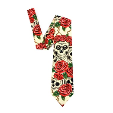 Skull and Roses Day of the Dead Necktie, Mens tie 
