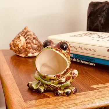 Vintage Small Ceramic Green & Brown Handpainted Frog Sponge Holder - Amazing - Fun - Soap Holder 