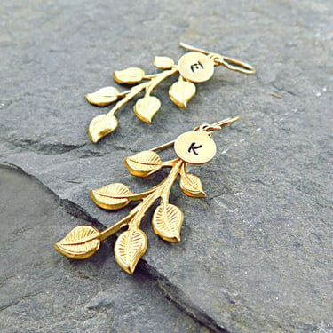 Personalized Gold Leaf Earrings with Initial, Birthday Gift for Her, Dangle Earrings with Leaves 