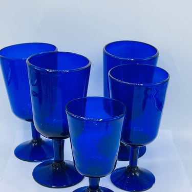 Vintage Set of large (5) Cobalt Blue Wine Margarita Goblets Water Glasses-Blown glass-Recycled Glass Mexico 