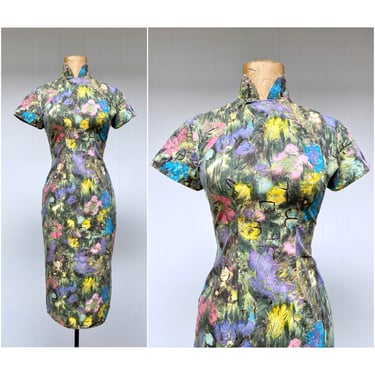 Vintage 1950s Cotton Cheongsam Dress, 50s Abstract Floral Qipao, Atomic Age Print Wiggle Dress w/Mandarin Collar, Extra Small 