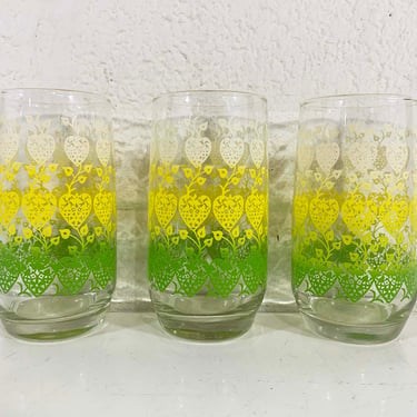 Vintage Floral Green Yellow White Juice Glasses Set of Three Glassware Flowers Barware Retro Bar 1970s 