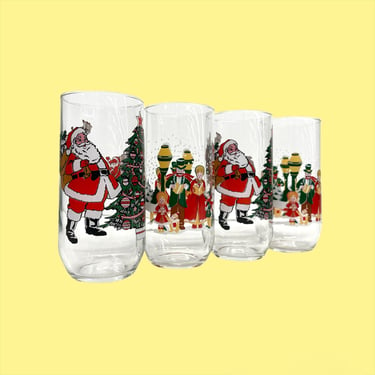 Vintage Tumbler Set Retro 1990s Luminarc + Santa Claus + Christmas Carolers + Set of 4 + Holiday + Xmas + Drinking Glasses + Kitchen Decor 