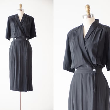 black silk dress | 80s 90s vintage minimalist dark academia surplice wrap midi dress 