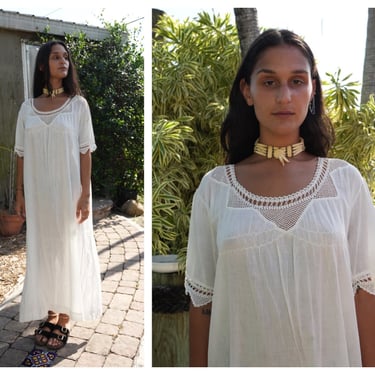 Antique Cotton Nightgown Summer Dress / Gorgeous Summer Dress / Crochet Neckline Haute Hippie Dress / Festival / Edwardian Whites Dress 