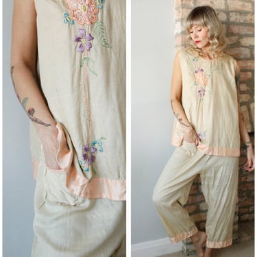 1920s Pongee Silk Pink & Beige Floral Pajamas 