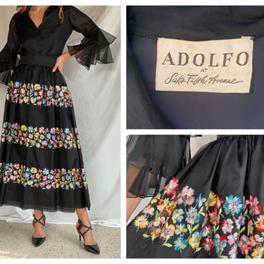 1960's Adolfo Blouse and Skirt Set /Embroidered Floral Sequin Skirt with Piano Shawl Fringe Belt Head Scarf Sash / Designer Peasant Skirt 