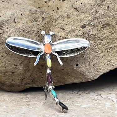 Native American Sterling Silver and Petite Point Stone Dragonfly Pendant / Pin / Brooch 