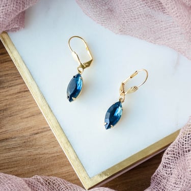 blue sapphire crystal earrings, Swarovski earrings, Regency Art Deco marquise dangle drop earrings, gift for her, September birthstone 