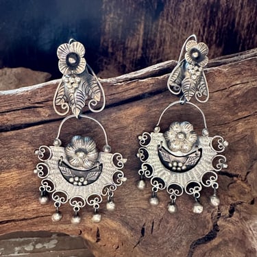 FEDERICO FLOWER GARDEN Mexican Silver Earrings | Sterling Silver Chandelier Dangles | Frida Kahlo Style Jewelry, Flowers | Handmade 