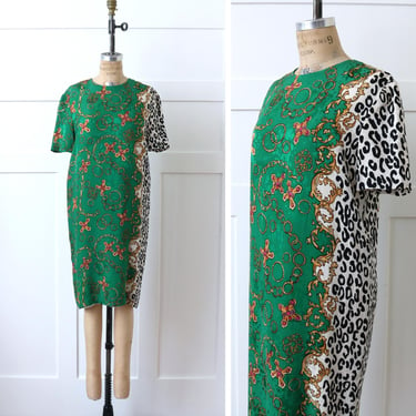 vintage 1990s silk dress • roccoco jewelry & leopard print green short sleeve dress 