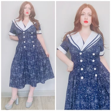 1980s Vintage Sunshine Starshine Floral Print Sailor Dress / 80s Poly Cotton Nautical Navy Blue Sundress / Size XL 