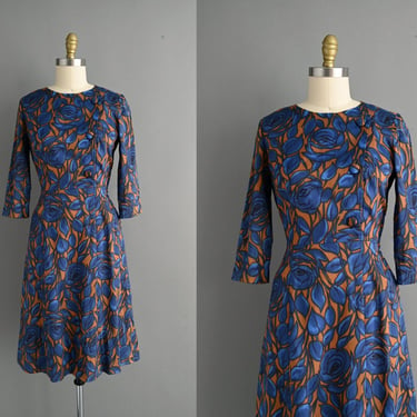 vintage 1950s Blue & Golden Brown Floral Dress - Small Medium 