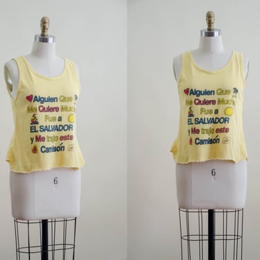 vintage tourist tshirt | 80s 90s vintage El Salvador Spanish yellow cotton beach novelty print short cropped tank top 