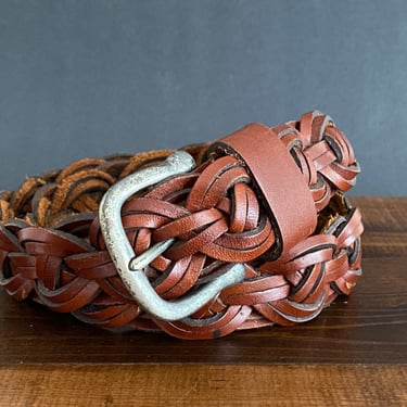 Womans woven Leather Belt, Brown braided leather, Casual 80s boho fashion, Hippie macrame braided leather belt 