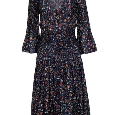 Veronica Beard - Navy w/ Rust Floral Print Micro Pleated Maxi Dress Sz 00