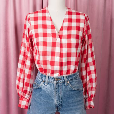 RARE 1960s Kiyyo Linen Red/White Gingham Blouse with Balloon Sleeves 